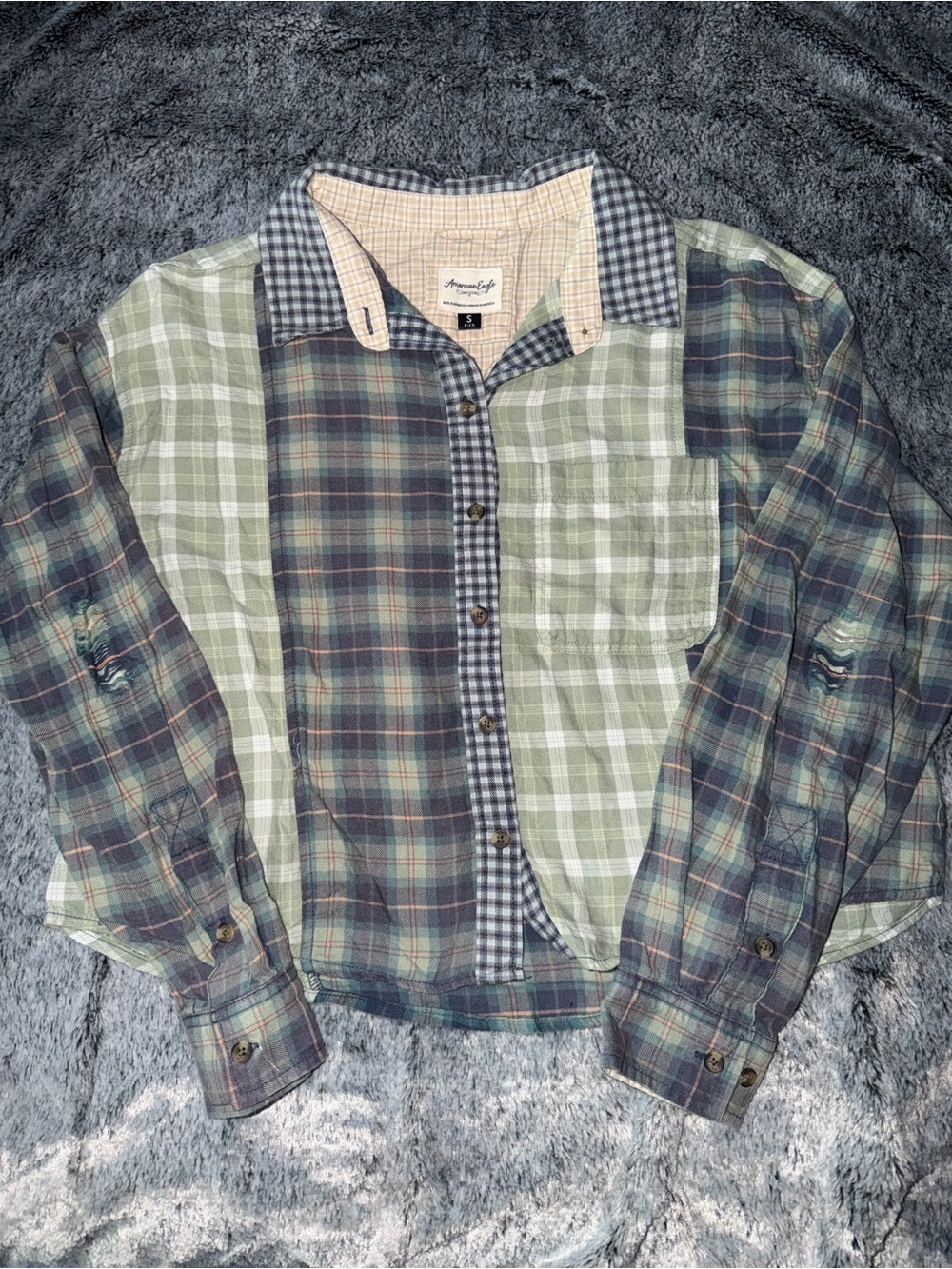 American Eagle Outfitters Green and Blue Patchwork Plaid Button-Down Shirt